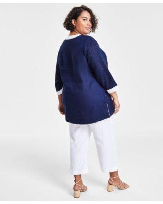 Charter Club Blue Plus Size 100 Linen Contrast Trim Top Cropped Pants