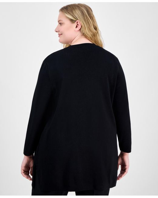 Anne Klein Black Plus Size Open-front Long-sleeve Side-slit Cardigan