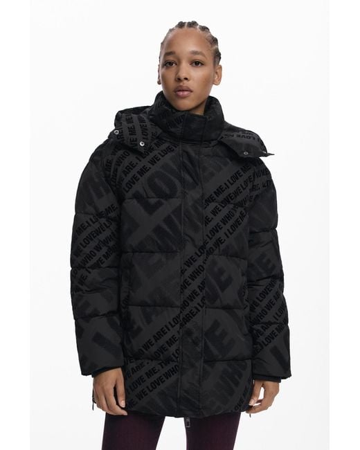 Desigual Black Padded Quilted Coat, Polyester