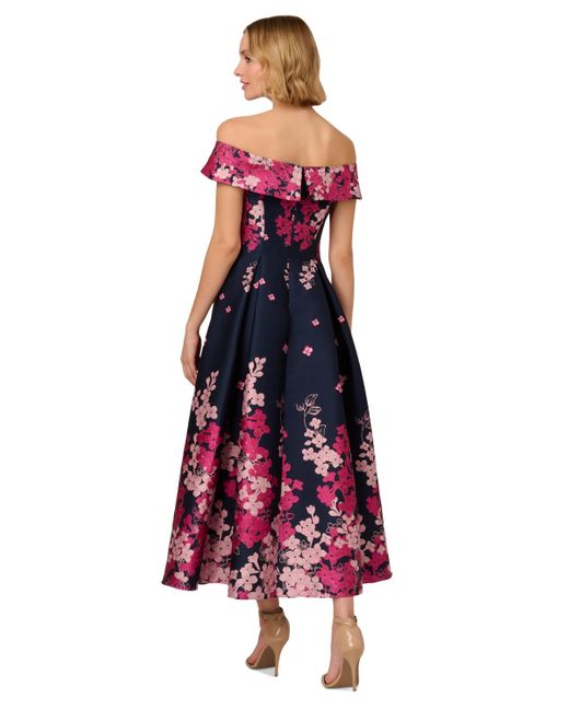 Adrianna Papell Purple Floral-print Off-the-shoulder Dress