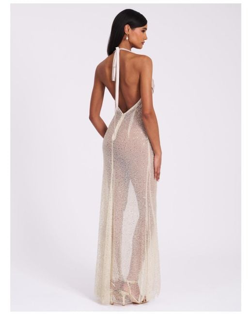 Miss Circle Zahya Lime Halter Backless Beaded Mesh Gown in White | Lyst