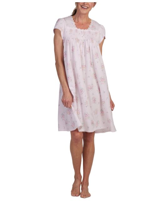 Miss Elaine Pink Smocked Floral Lace-trim Nightgown