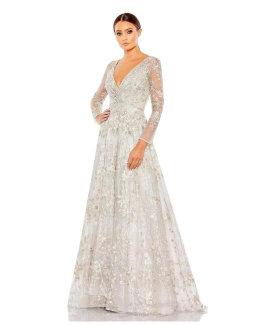 Mac Duggal White Embellished Wrap Over Illusion Long Sleeve A Line Gown