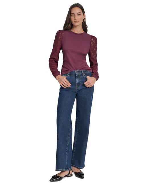 DKNY Blue Lace Puff-sleeve Crewneck Top