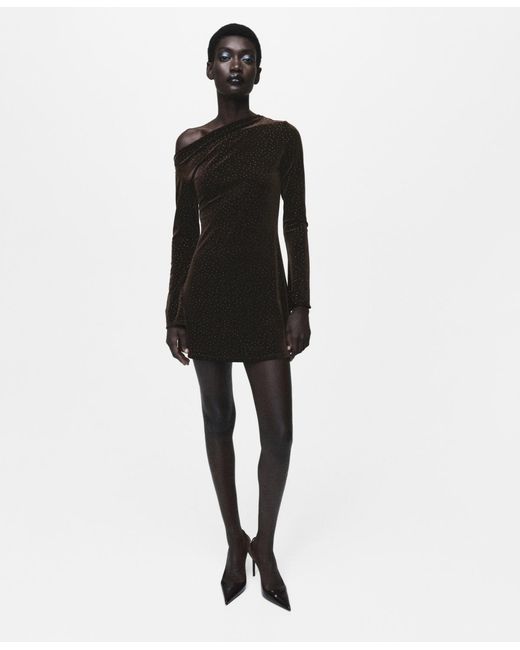 Mango Women's Black Shiny Details Asymmetrical Velvet Dress