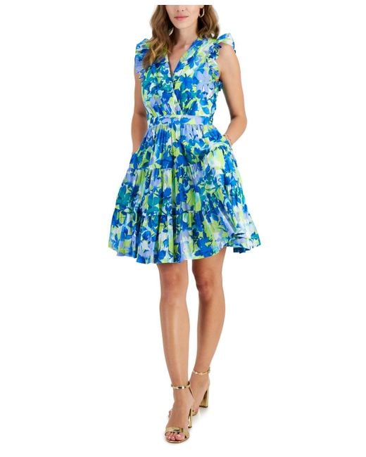 Taylor Blue Printed A-line V-neck Dress