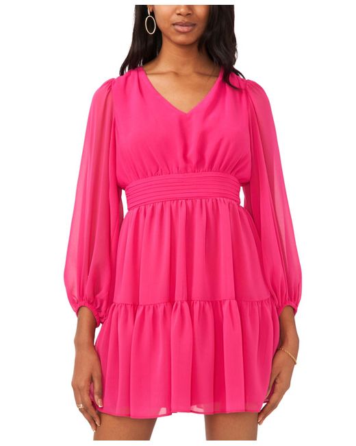 Msk Pink Petite Chiffon Balloon-sleeve Fit & Flare Dress