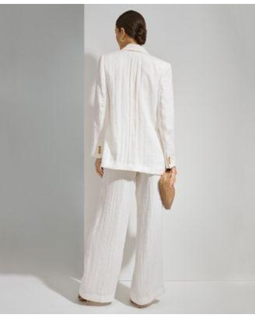 DKNY White Drapey Organza Long Sleeve Blazer Sparkle Sleeveless Top Belted Wide Leg Pants