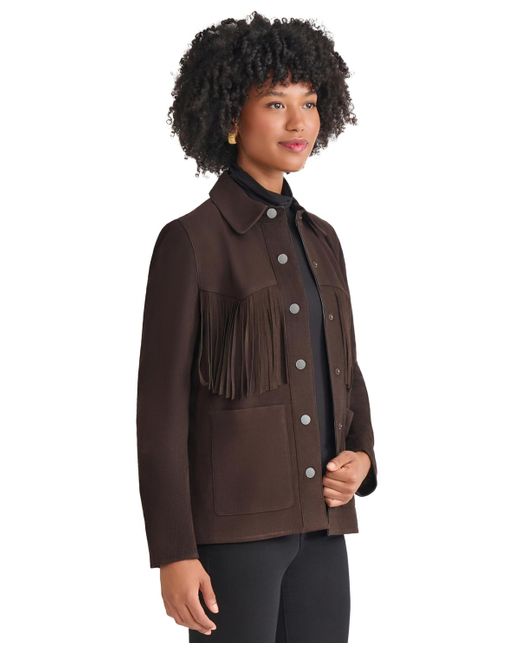 Jones New York Brown Fringe Suede Patch Long Sleeve Jacket