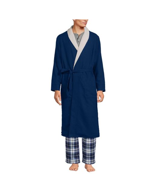 Lands' End Blue High Pile Fleece Lined Flannel Robe for men