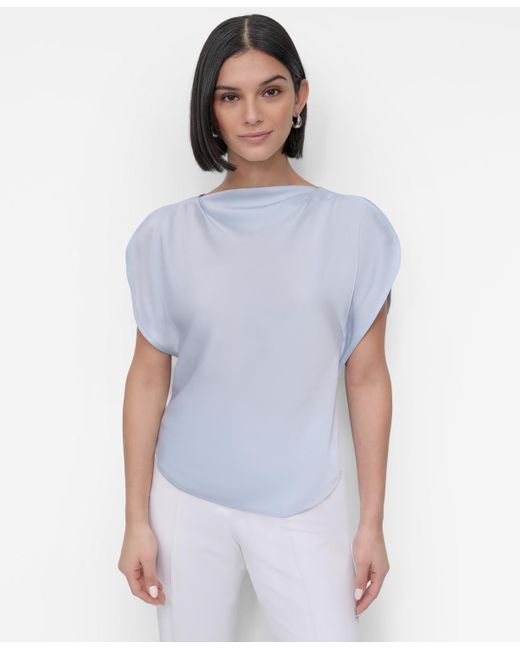 DKNY White Draped Boatneck Slit-sleeve Blouse