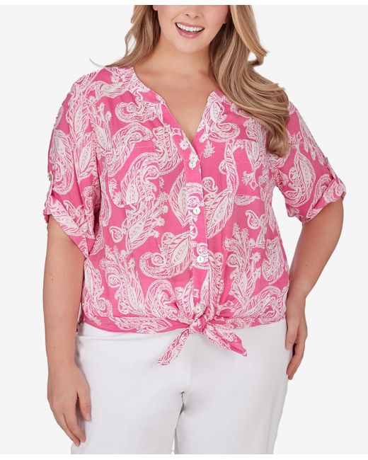 Ruby Rd Pink Plus Size Paisley Silky Gauze Top