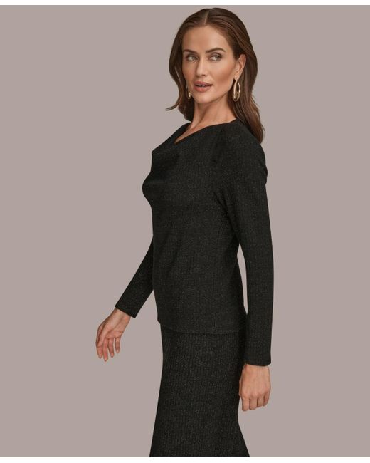 Donna Karan Black Long Sleeve Metallic Rib Knit Top