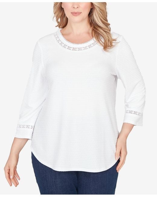 Ruby Rd White Plus Size Solid Clip Dot Lace Trim Knit Top
