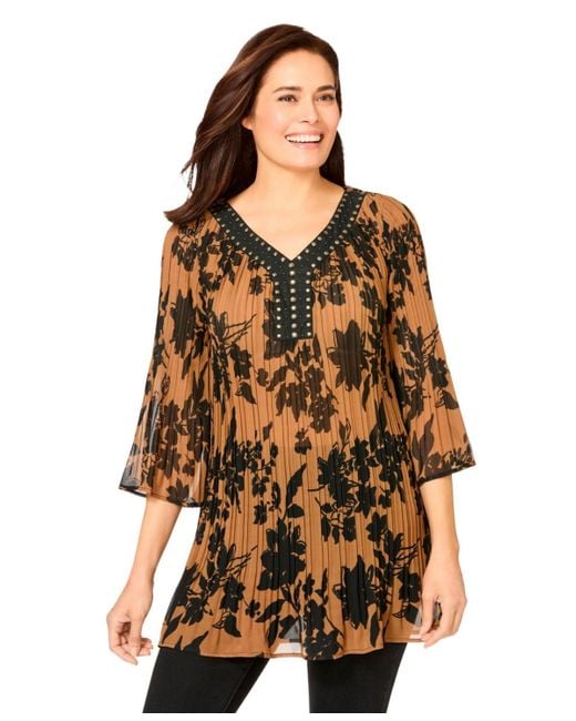 Woman Within Multicolor Plus Size Embellished Pleated Blouse
