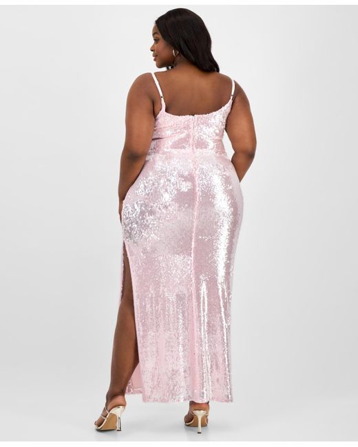B Darlin Pink Trendy Plus Size Sequin Square-neck Gown
