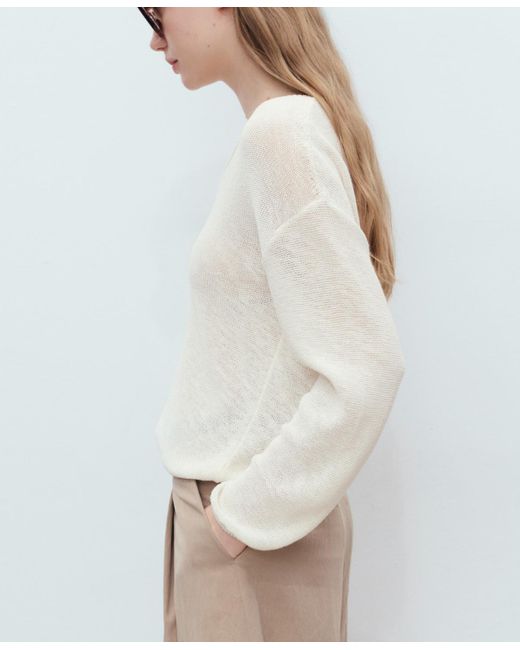 Mango White V-neck Knit Sweater