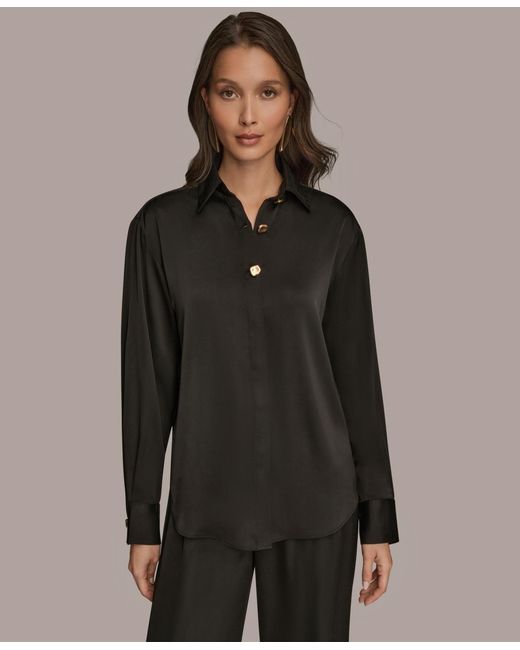 Donna Karan Gray Silk Collared Long Sleeve Button Down Top