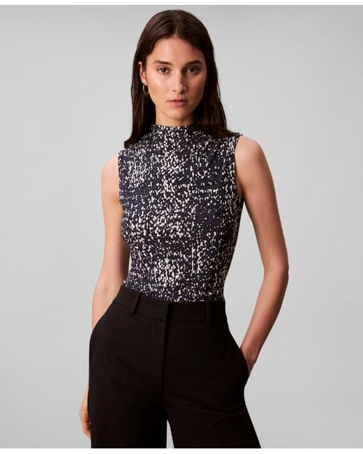 Calvin Klein Black Sleeveless Printed Mock-neck Top