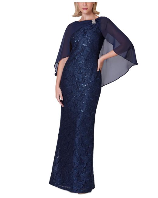Jessica Howard Blue Chiffon Capelet Lace Gown