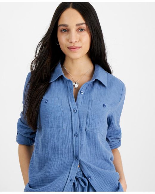 Calvin Klein Blue Petite Cotton Button-front Roll-sleeve Shirt