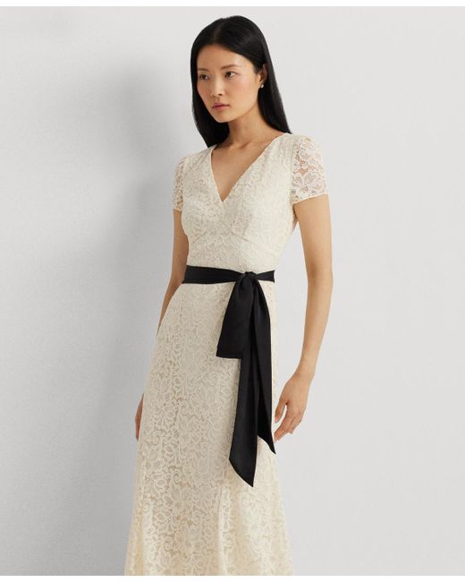 Lauren by Ralph Lauren Natural Belted Lace A-line Gown
