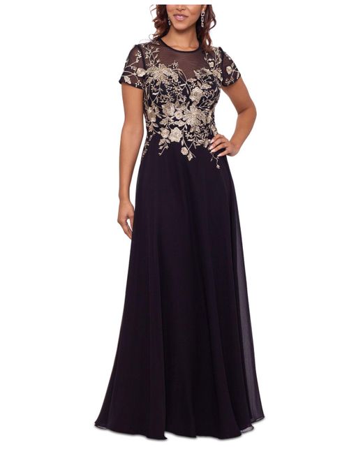 Betsy & Adam Synthetic Petite Mesh Embroidered Gown in Black/Gold