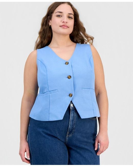 On 34th Blue Plus Size V-neck Button-front Vest Jacket