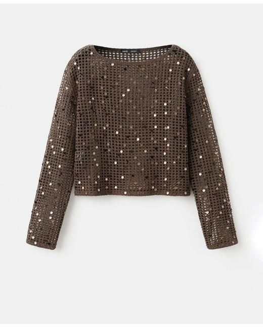 Mango Brown Sequined Crocheted Sweater