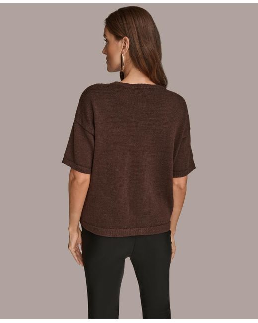 Donna Karan Brown Short Sleeve Sequin Sweater