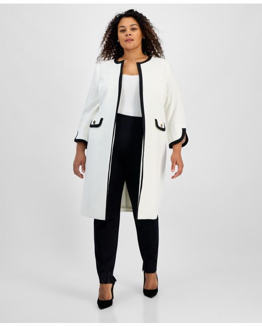 Kasper White Plus Size Contrast Trim Long Topper Jacket