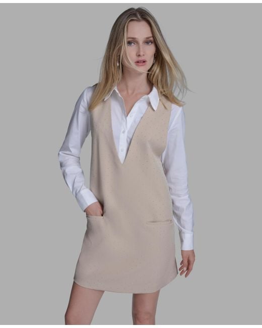 BCBGMAXAZRIA Multicolor Long Sleeve Twofer Vest Shirt Dress
