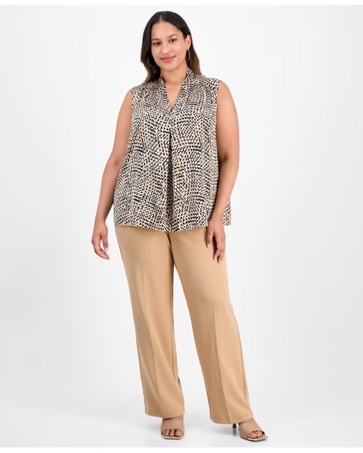 Kasper Brown Plus Size V-neck Pleated-front Top