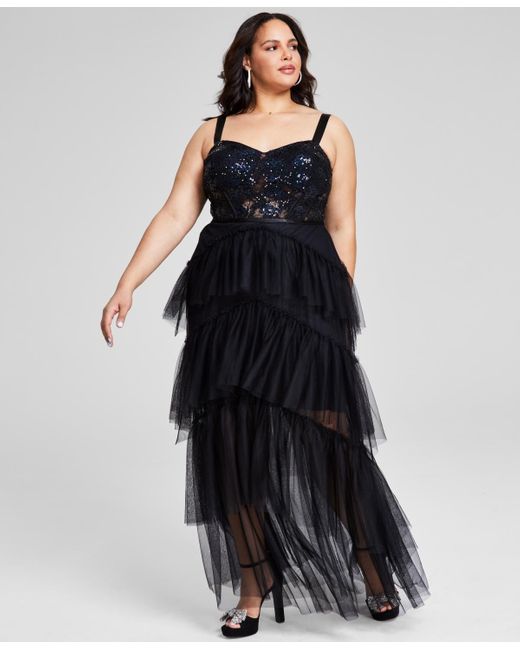 City Studios Black Plus Size Sequin Tiered Mesh Gown
