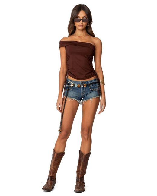 Edikted Blue Studded Low Rise Denim Micro Shorts