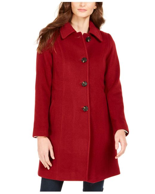Anne Klein Red Petite Single-breasted Club-collar Coat, Created For Macy's