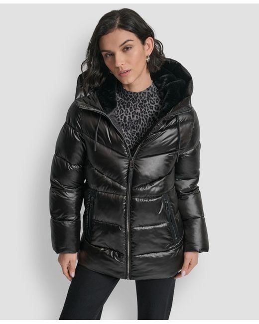 DKNY Women's Black Shine Hooded Puffer Coat