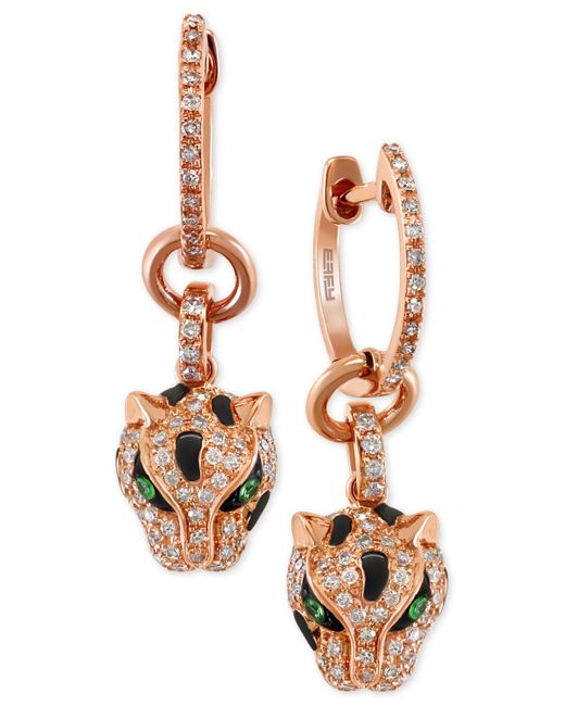 Effy Metallic Diamond (3/8 Ct. T.w.) And Tsavorite Accent Panther Drop Earrings In 14k Rose Gold