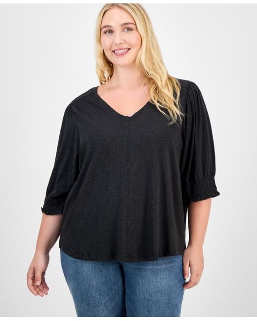 Democracy Black Trendy Plus Elbow-sleeve Smocked-cuff Blouse