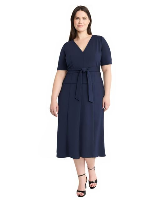 Maggy London Blue Plus Size Short Sleeve Tie Waist Midi Dress