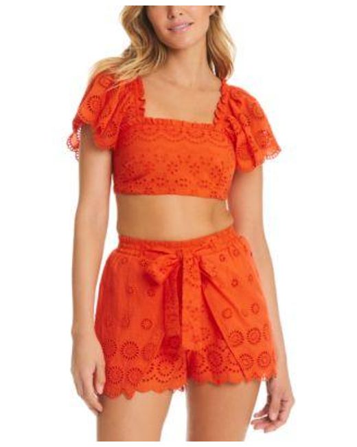 Red Carter Red Flutter Sleeve Cotton Crop Top Front Tie Shorts