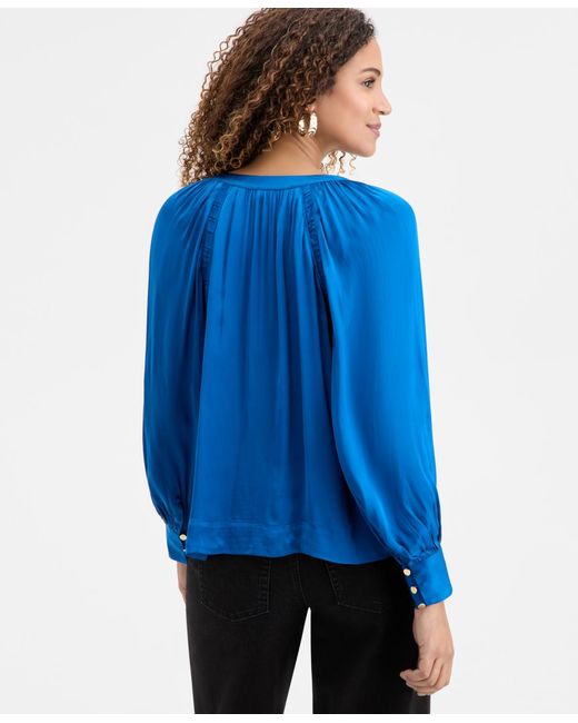 INC International Concepts Blue Tie-neck Puff-sleeve Blouse