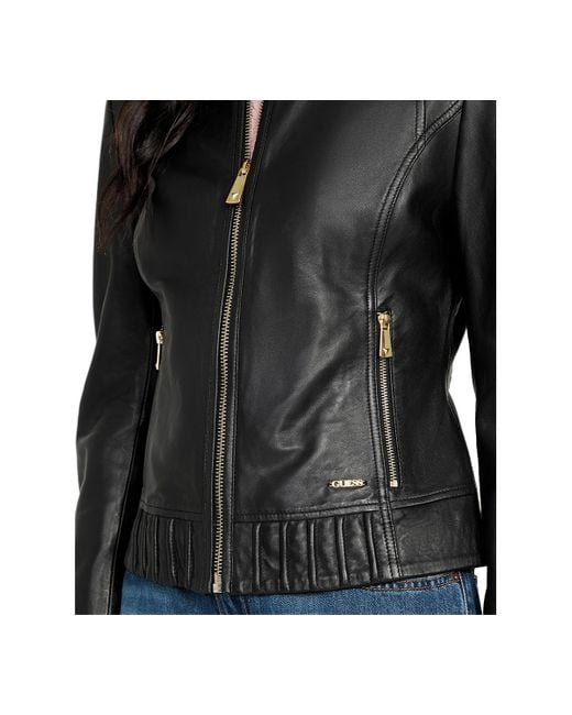Guess Black Collarless Zip-front Leather Jacket