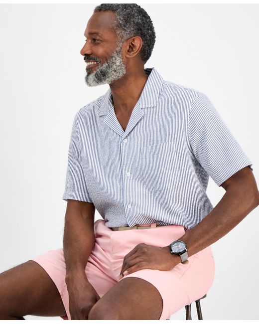 Club Room White Short Sleeve Striped Seersucker Button-front Camp Shirt for men