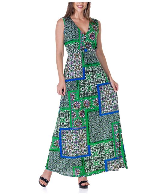 24seven Comfort Apparel Women's Green V Neck Empire Waist Sleeveless Maxi  Dress