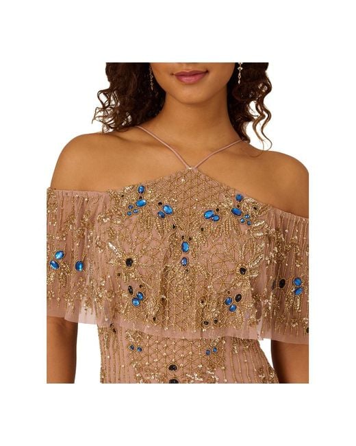 Adrianna Papell Brown Beaded Mesh Cold-shoulder Gown