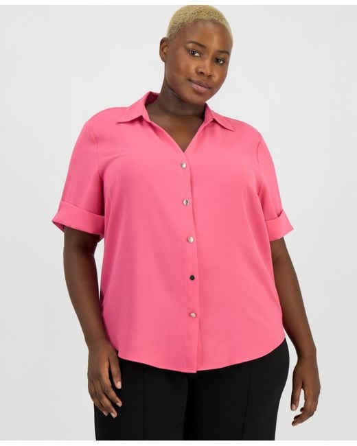 Anne Klein Essentials Pink Plus Size Button-front Shirt