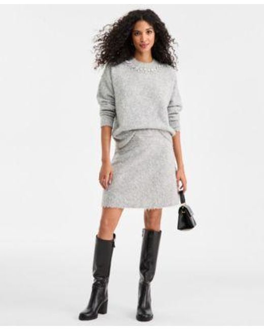 On 34th Women´s Gray Embellished Brushed Crewneck Sweater Mini Skirt Macys Exclusive sweaters