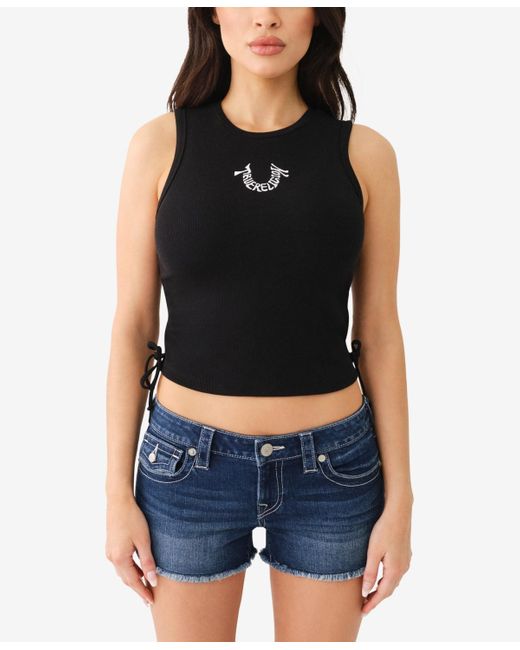 True Religion Black Embroidered Side Rouched Tank