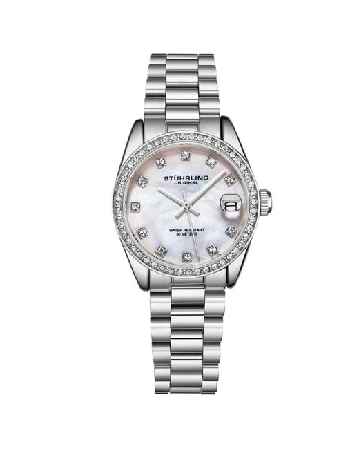 Stuhrling Lineage 3936.1 S Quartz Watch 31mm Stainless Steel Silver Bracelet White Mother-of-pearl Dial Crystal Bezel